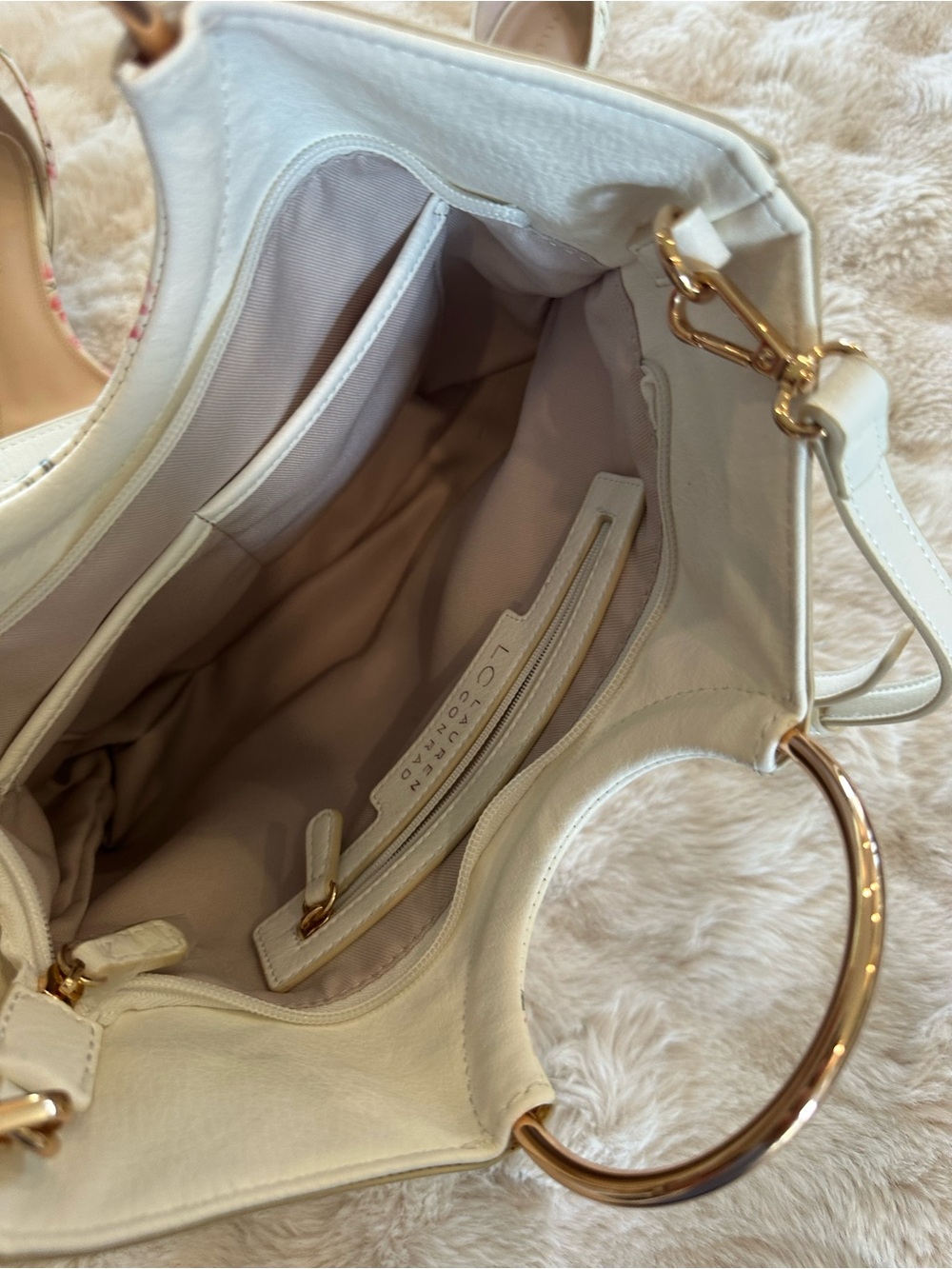 Floral Print Ivory Crossbody Bag with Gold Ring Handle and shoes - Picture 7 of 15